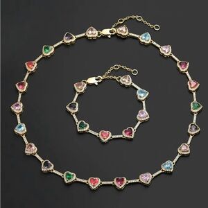 Heart-Shaped Multicolor Gemstone Necklace and Bracelet Set
